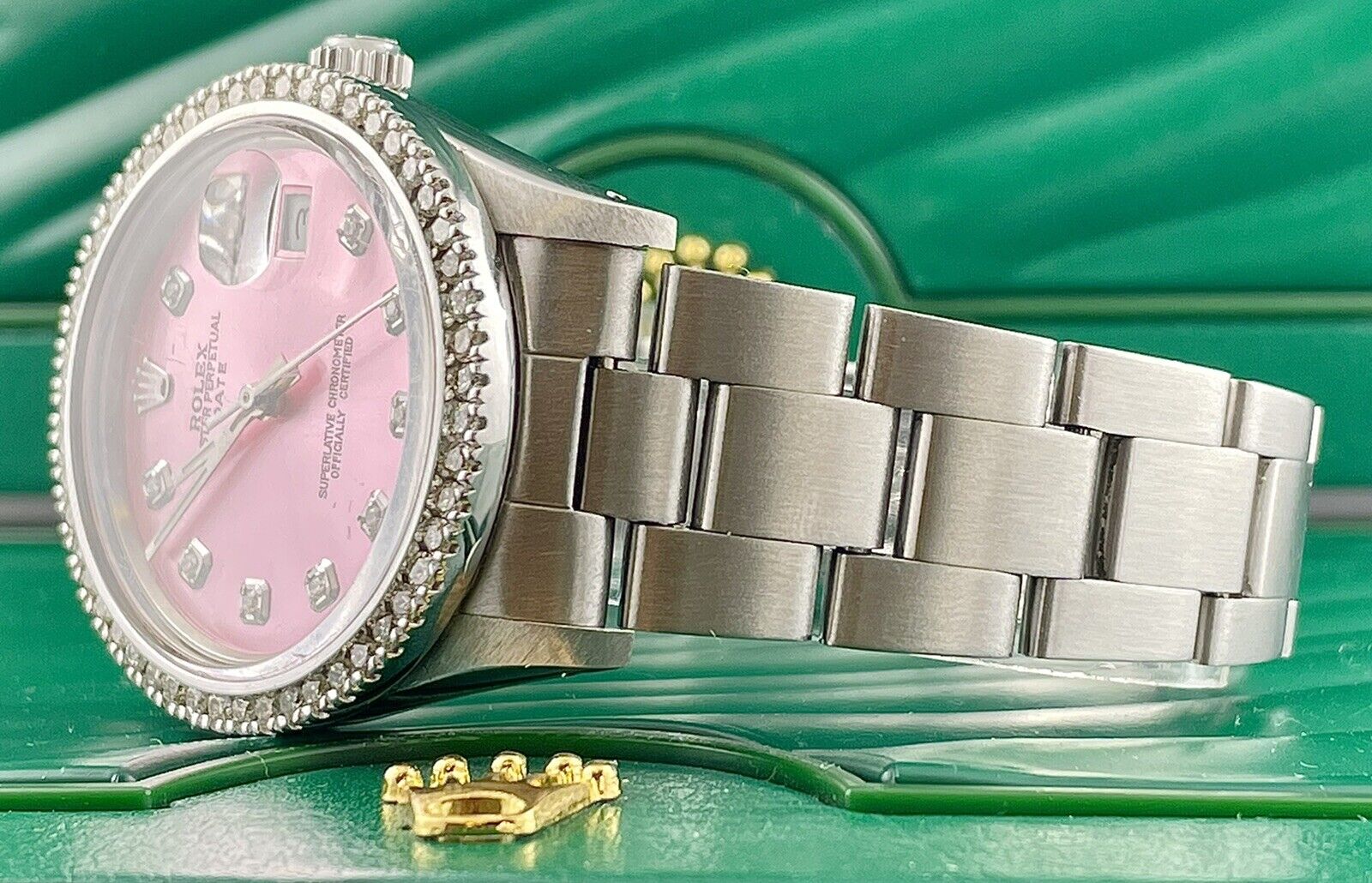Rolex Ladies Date 34mm ICED 2ct Diamonds Pink Dial Oyster Steel