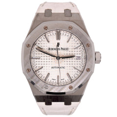 Audemars Piguet Royal Oak 37mm White Dial Stainless Steel Watch Leather 15450st