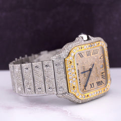 Cartier Santos Mens 40mm Large Model Steel Watch Yellow Roman Iced 20ct Diamonds