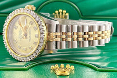 Rolex Ladies Datejust 26mm 18k Yellow Gold/Steel ICED 2ct Diamonds Yellow Dial