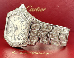 Cartier Roadster GMT XL 42mm Men's Steel Watch Iced 10ct Diamonds Roman Ref 3312