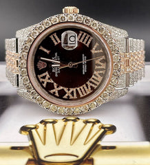 Rolex Datejust 36mm 18k Rose Gold & Steel Custom 16ct Iced Diamonds Roman Dial