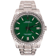 Rolex Oyster Perpetual 36mm Steel Auto Watch Green Iced Out 10ct Ref: 116000