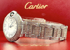 Cartier Ballon Bleu Ladies Watch 29mm Iced Out 6ct Diamonds Steel Quartz 3009