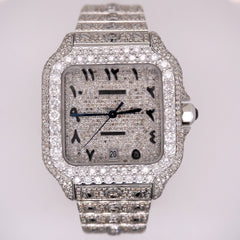 Cartier Santos Men's 40mm Large Steel Watch Arabic Iced 20ct Diamonds SOLITAIRE