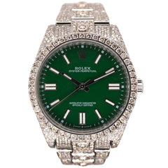 Rolex Oyster Perpetual 41mm Mens Steel Watch Iced 16ct Diamonds GREEN Ref 124300