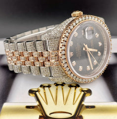 Rolex Datejust 36mm 18k Rose Gold/Steel 16ct Iced Out Black Dial Ref: 116231