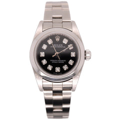 Rolex Oyster Perpetual 25mm Stainless Steel Watch Black Diamond Dial Ref: 67180