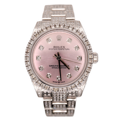 Rolex Oyster Perpetual 31mm Midsize ICED 6ct Diamonds Pink Steel Watch 177200