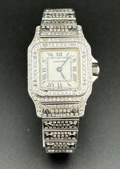 Cartier Santos Galbee Ladies 24mm Steel Watch Roman Dial Iced 4ct Diamonds 1565