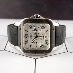 Cartier Santos XL Chronograph 44mm Mens Silver Roman Leather Steel Watch 4183