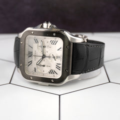 Cartier Santos XL Chronograph 44mm Mens Silver Roman Leather Steel Watch 4183