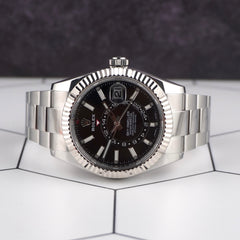 Rolex Sky-Dweller 42mm 18k White Gold Bezel Black Dial Steel Oyster Watch 326934
