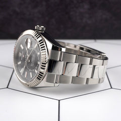 Rolex Sky-Dweller 42mm 18k White Gold Bezel Black Dial Steel Oyster Watch 326934