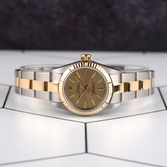 Rolex 25mm Oyster Perpetual 18K Yellow Gold Two-Tone Champagne Dial Watch 67193