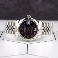 Rolex Datejust 31mm Purple Roman Dial Steel Scattered Diamond Bezel 178344 Card
