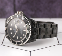 Rolex Submariner Date 40mm Steel Black Iced out 6ct Oyster Mens Watch 16610