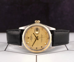 Rolex 34mm Date Stainless Steel 18k Yellow Gold Black Strap Men's Watch 1505