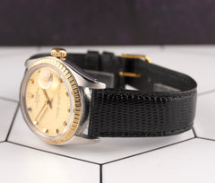 Rolex 34mm Date Stainless Steel 18k Yellow Gold Black Strap Men's Watch 1505