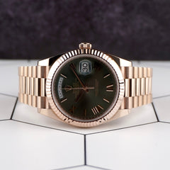 Rolex Day-Date 41mm Rose Gold Olive Green Dial Presi Bracelet Men's Watch 228235