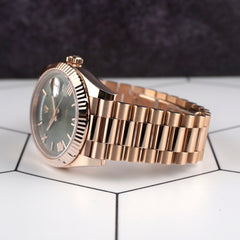 Rolex Day-Date 41mm Rose Gold Olive Green Dial Presi Bracelet Men's Watch 228235