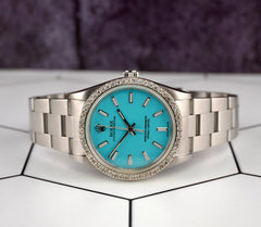 Rolex 34mm Oyster Perpetual 1.5ct Prong Diamond Baby Blue Dial Steel Watch 14010