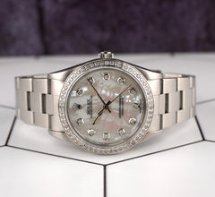 Rolex 34mm Oyster Perpetual 1.5ct White Mop Diamond Dial Steel Watch 14010