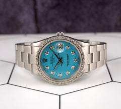 Rolex Date 34mm Ladies Baby Blue Diamond Dial 1.5ct Prong Steel Watch 15000