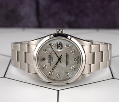 Rolex Date 34mm Ladies White Mop Diamond Dial Oyster Steel Watch 15000