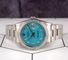 Rolex Date 34mm Ladies 1.5ct Baby Blue Diamond Dial Steel Oyster Watch 15000