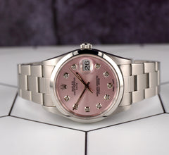 Rolex Date 34mm Ladies Pink Diamond Dial Oyster Steel Watch 15000