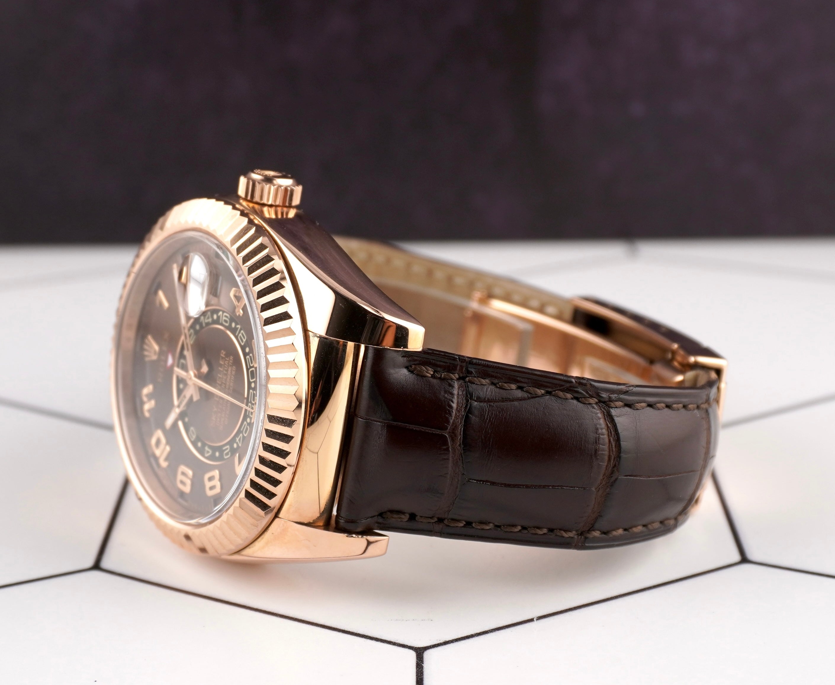 Rolex Sky-Dweller 42mm Rose Gold Chocolate Arabic Dial Crocodile