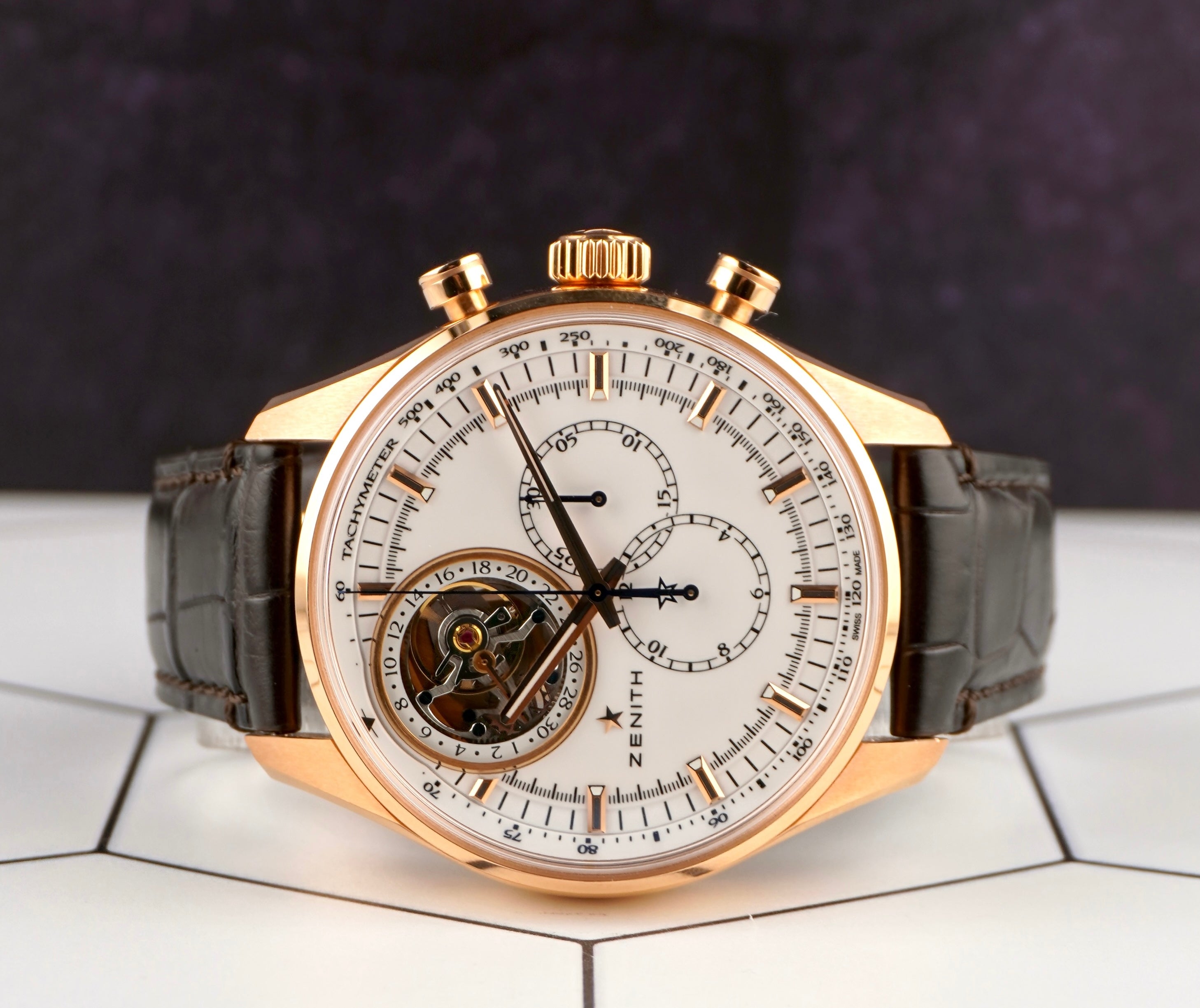 オーレック Zenith 44mm El Primero Tourbillon 18K RG Alligator Strap Watch