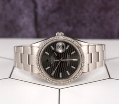 Rolex Date 34mm Ladies 1.5ct Prong Grey Motif Diamond Dial Steel Watch 15000