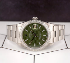 Rolex Date 34mm Ladies 1.5ct Green Motif Dial Steel Oyster Watch 15000