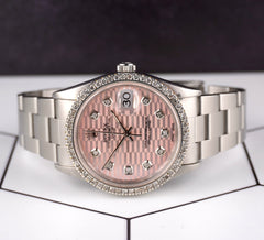 Rolex Date 34mm Ladies 1.5ct Prong Pink Motif Diamond Dial Steel Watch 15000