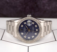 Rolex Date 34mm Ladies 1.5ct Prong Blue Motif Diamond Dial Steel Watch 15000