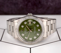 Rolex Date 34mm Ladies 1.5ct Green Motif Diamond Dial Steel Oyster Watch 15000