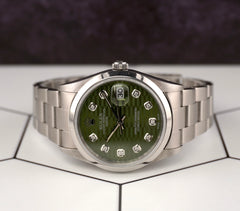Rolex Date 34mm Ladies Green Motif Diamond Dial Oyster Steel Watch 15000