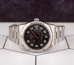 Rolex Date 34mm Ladies Grey Palm Diamond Dial Oyster Steel Watch 15000