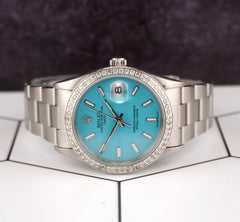 Rolex Date 34mm Ladies 1.5ct Baby Blue Dial Steel Oyster Watch 15000