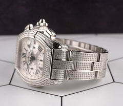 Cartier 43mm Roadster XL Silver Dial Iced Out 6ct Diamonds Men's Watch Ref 2618
