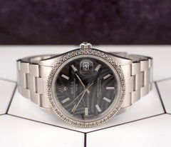 Rolex Date 34mm Ladies 1.5ct Prong Grey Palm Dial Steel Watch 15000