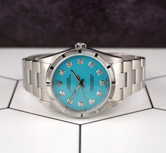 Rolex 34mm Oyster Perpetual Baby Blue Diamond Dial Engine Turned Watch 14000