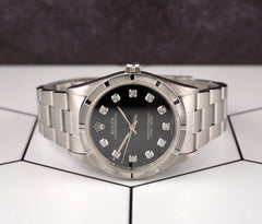 Rolex 34mm Oyster Perpetual Black Diamond Dial Engine Turned Steel Watch 14000