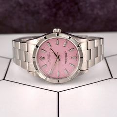 Rolex 34mm Oyster Perpetual Pink Dial Engine Turned Steel Watch 14000