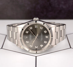 Rolex 34mm Oyster Perpetual Grey Diamond Dial Engine Turned Steel Watch 14000