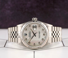 Rolex 36mm Datejust Steel Fluted Jubilee White Mop Dial Watch 16014
