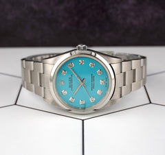 Rolex 34mm Oyster Perpetual Baby Blue Diamond Dial Stainless Steel Watch 14000