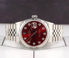 Rolex 36mm Datejust Steel Fluted Jubilee Red Dial Watch 16014